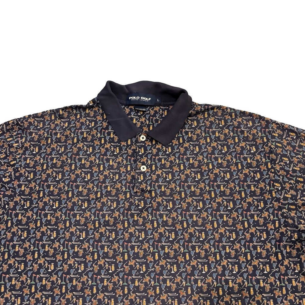 Polo Golf Ralph Lauren Mens Large Navy Blue Golf Horse Print Polo Shirt